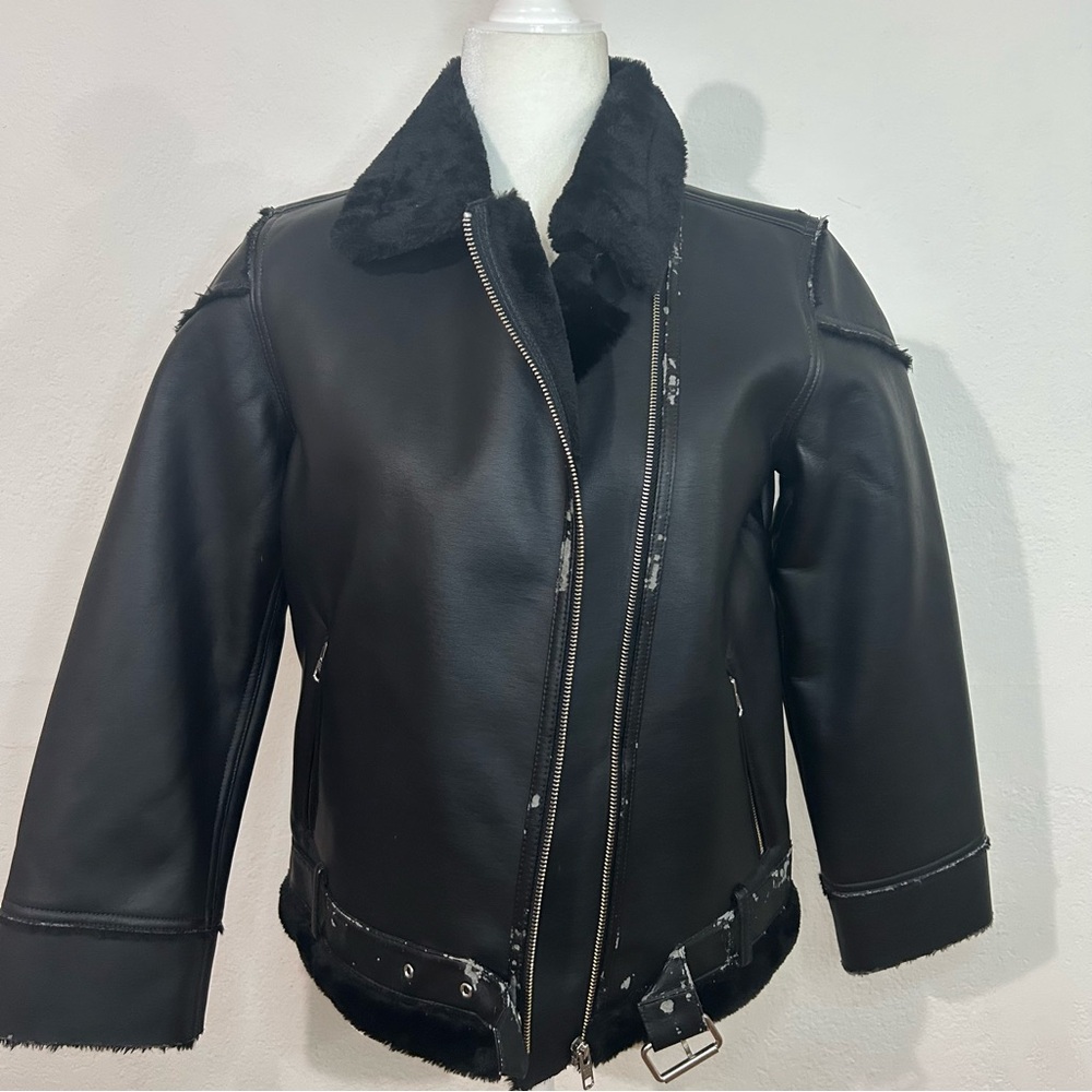 black faux leather motorcycle jacket w fur trimming  new with tags FLAWED